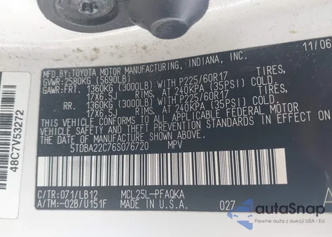 2006 Toyota Sienna Xle Limited z USA, uszkodzony, nr VIN 5TDBA22C76S076720